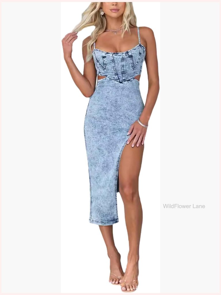 Sexy Spaghetti Strap Cut Out Slit Denim Dress Backless Bodycon Midi Jean Dress